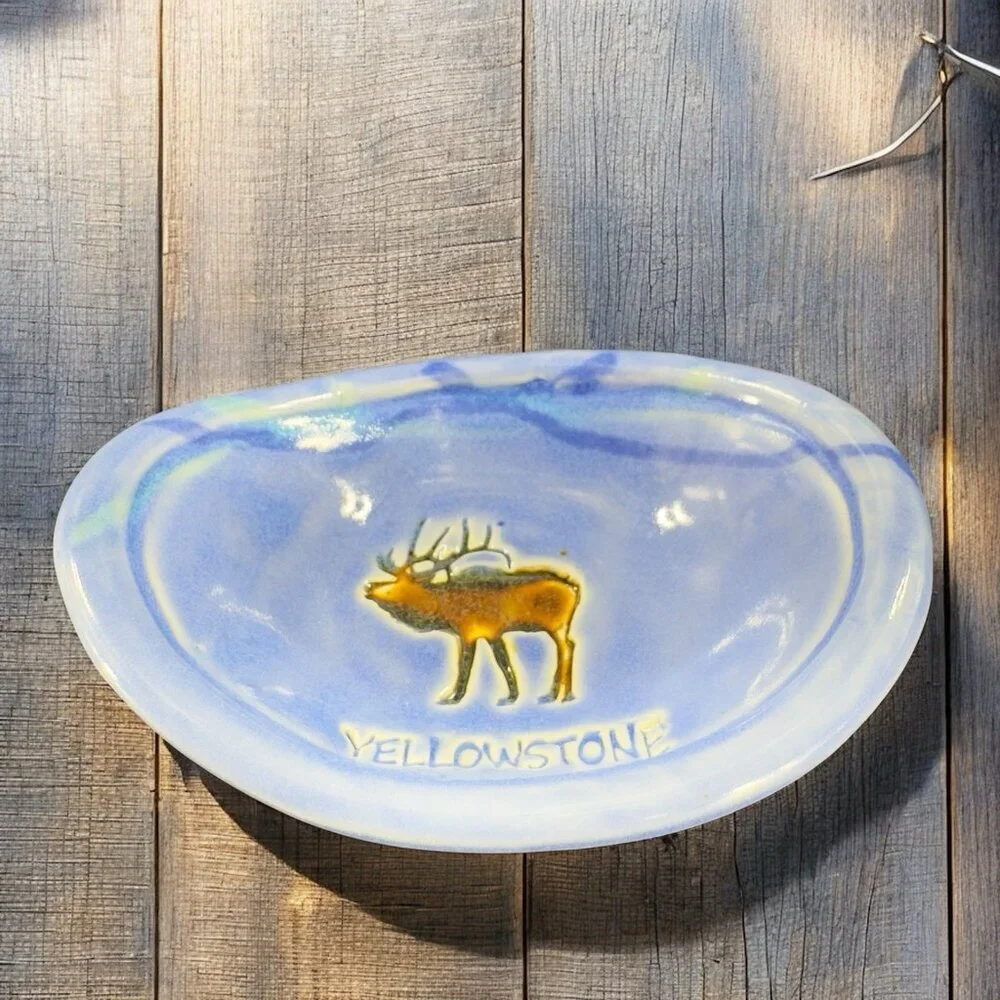 Vintage Yellowstone Pottery Ceramic Oval Trinket Holder Dish Small Plate Blue